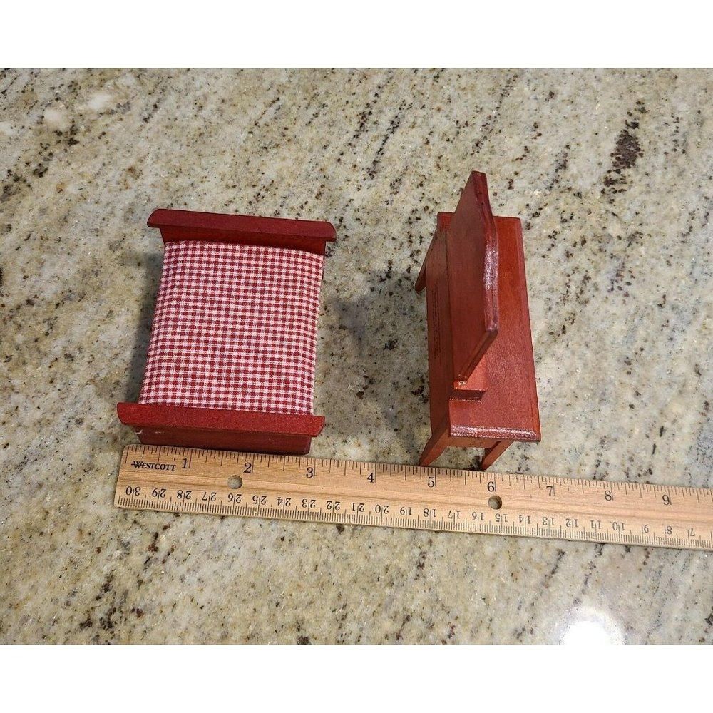 Greenbrier International Doll House Furniture Red Wood Plaid Bed. Mirror Dresser - Picture 9 of 11
